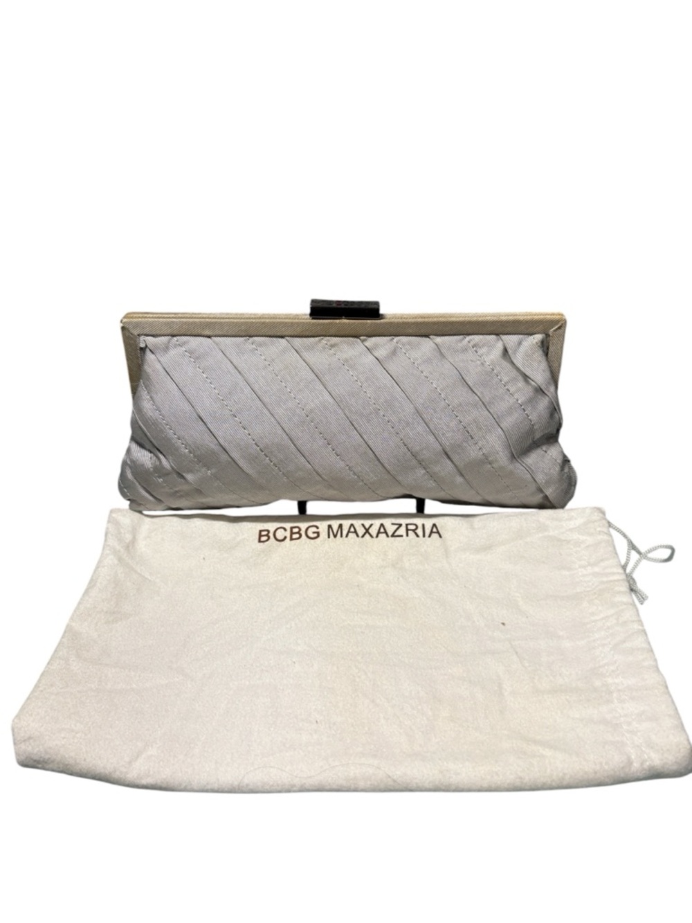 BCBGMAXAZRIA Silver Pleated Satin Evening Clutch Bag - Includes Dust Bag